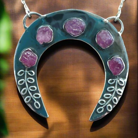Handmade Oxidized Sterling Silver Crescent Moon Necklace w Rough Ruby Gemstones